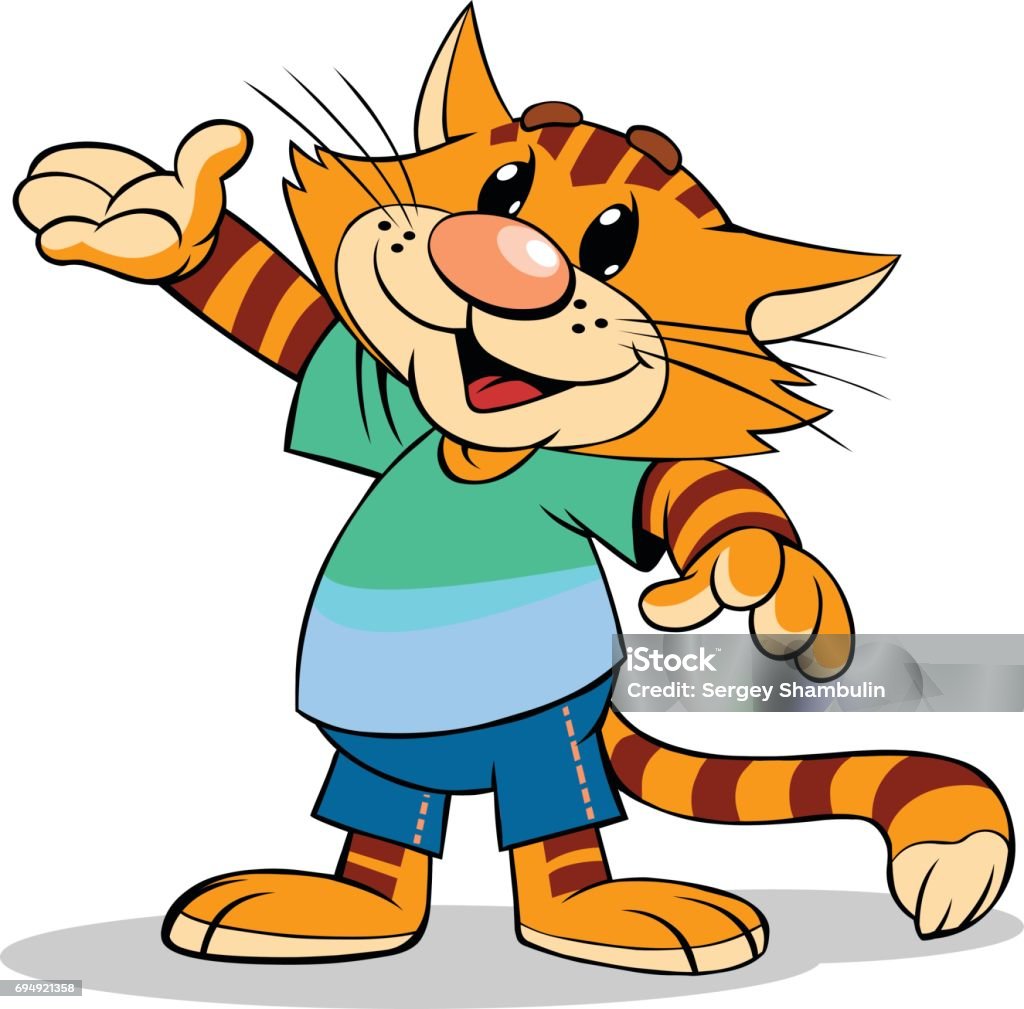 Cartoon cat with pointing arm. Cartoon illustration of a red stripped cat with pointing arm. Animal stock vector