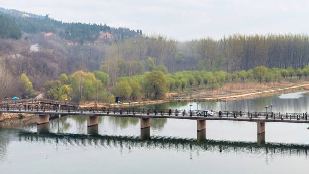 view of Manshui Bridge on Yi river in spring travel to China - view of Manshui Bridge on Yi river in Longmen Caves area in spring season mikuni pass stock pictures, royalty-free photos & images