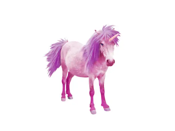 Pink baby unicorn horse with violet mane and tail isolated on white"n