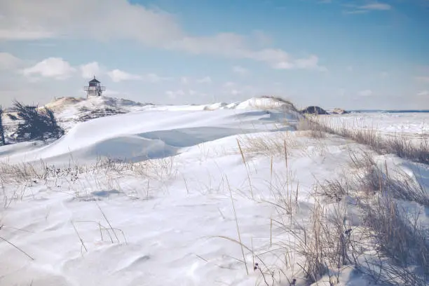 a winter landscape of the Covehead Lighthouse in Stanhope, Prince Edward Island