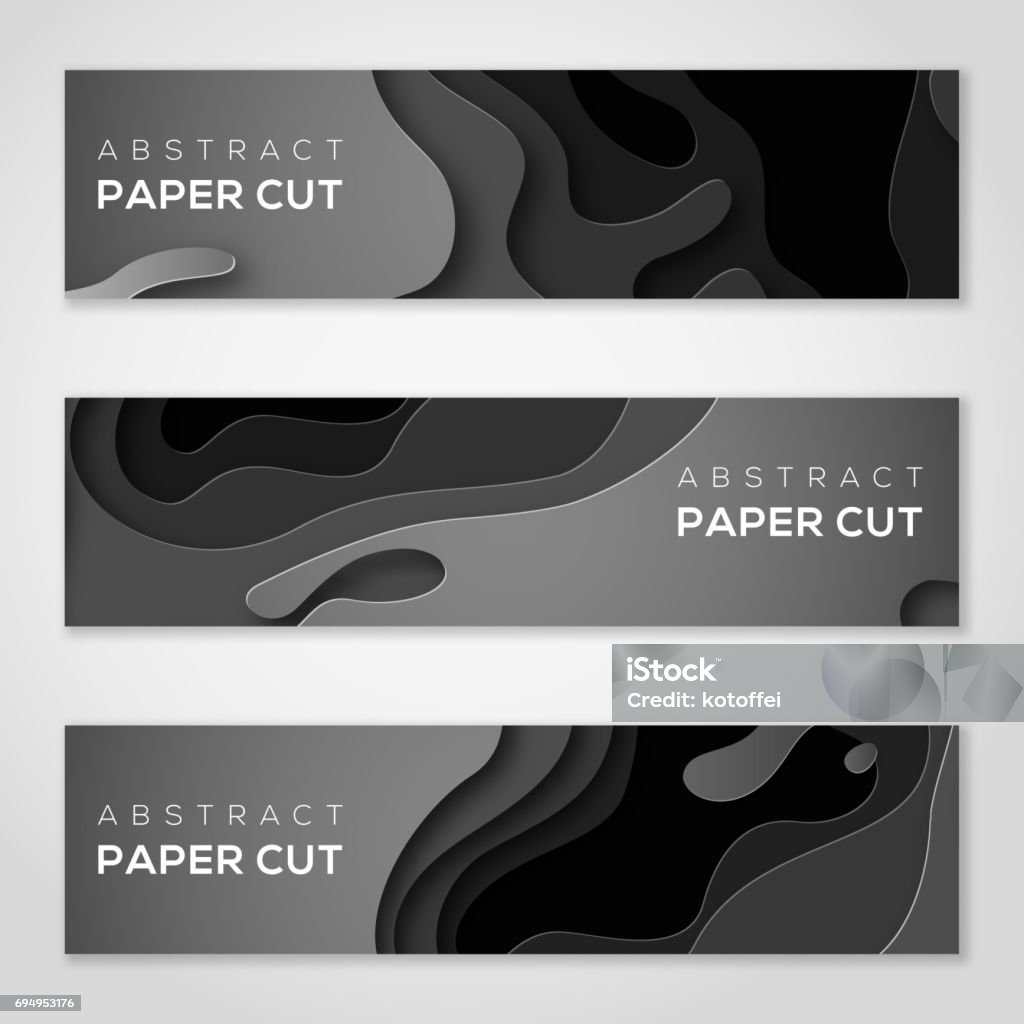 Horizontal banners with black paper cut shapes. Horizontal banners with 3D abstract background, black paper cut shapes. Vector design layout for business presentations, flyers, posters and invitations. Carving art Abstract stock vector