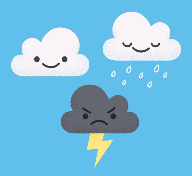 Cute cartoon cloud set Cute cartoon vector clouds set. Smiling and angry, with rain and lightning. Hand drawn childrens illustration. angry clouds stock illustrations