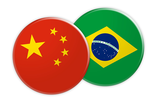 News Concept: China Flag Button On Brazil Flag Button 3d illustration on white background