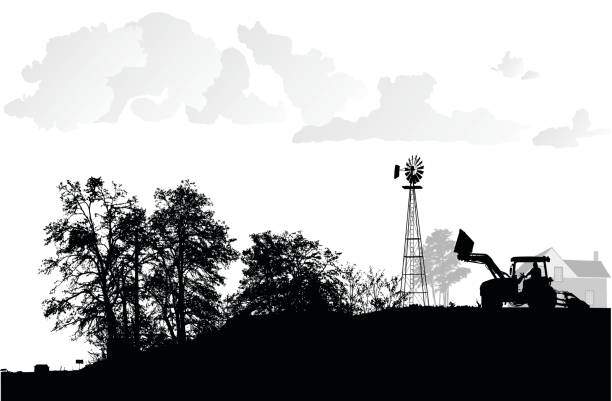 ilustrações, clipart, desenhos animados e ícones de agricultura de subsistência - tree silhouette meadow horizon over land