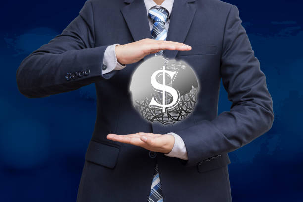 istock Businessman posture hand holding financial symbols 694980238