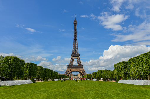 Eiffel Tower landscape view.  Space for copy.  Alternative version shown below: