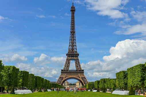 Eiffel Tower with blue sky . Classical Paris photo . France capital city. Esplanade du Trocadero, Paris