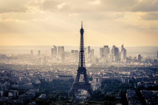Aerial view of Eiffel Tower and Paris during sunset