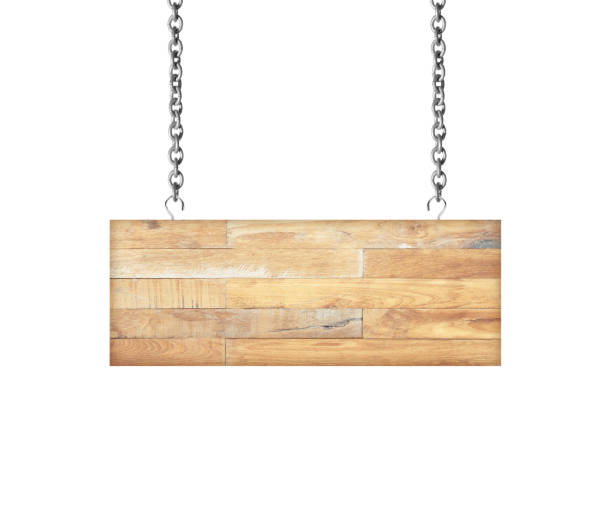 istock Wooden sign hanging on a chain isolated on white 694985626