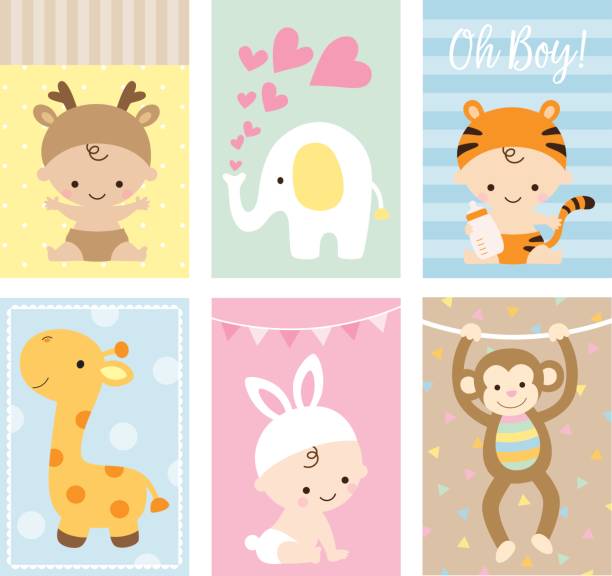 Baby Shower Cards Animal Theme Set Vector illustration of baby shower greeting card and invitation set in cute animal theme. kid animal costume stock illustrations