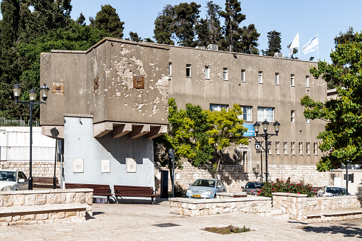 Safed, Israel, June 06, 2017 : The building in the city of Safed (Tzfat) with traces of bullets and shells that have been left since the Independence war 1948 of Israel