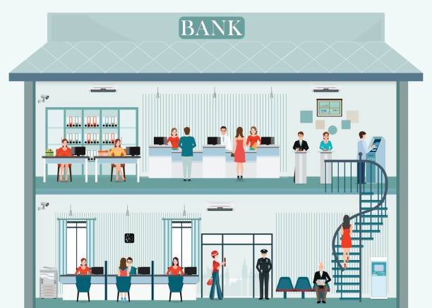 銀行建築外牆和內牆與櫃檯服務。 - bank of england 幅插畫檔、美工圖案、卡通及圖標