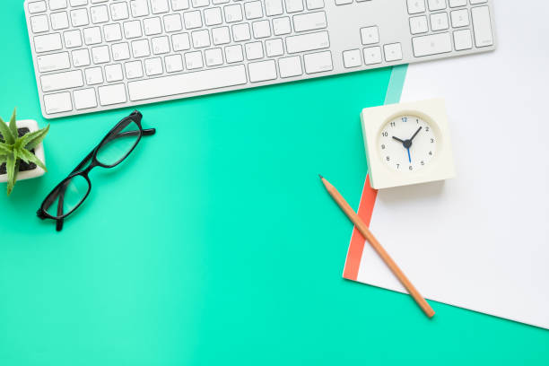 istock Top view of modern office desk 695001354