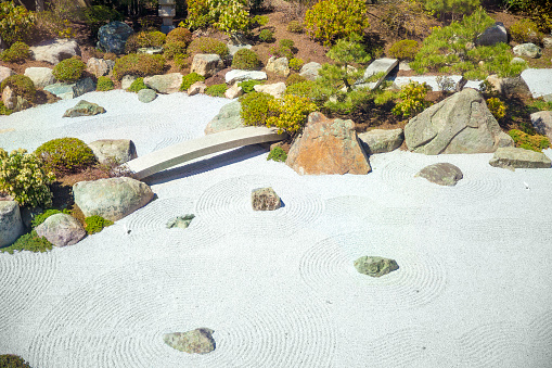 contemplative garden of stones in Japanese style. Copy space for your text