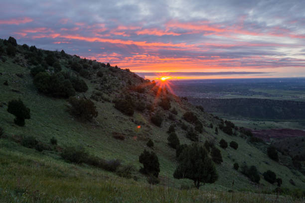 From Mount Morrison, Colorado.  An aerial view of downtown Denver during sunrise.