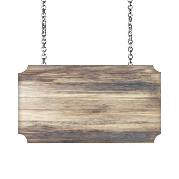 istock Wooden sign hanging on a chain isolated on white 695010010