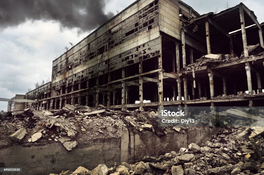 Fire destroyed the factory building Fire destroyed the factory building after the bombardment. Ukraine Stock Photo