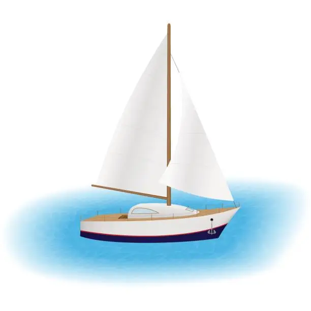 Vector illustration of Sailing yacht with white sails in a sea. Luxury pleasure boat. Sailboat traveling around world with wind.