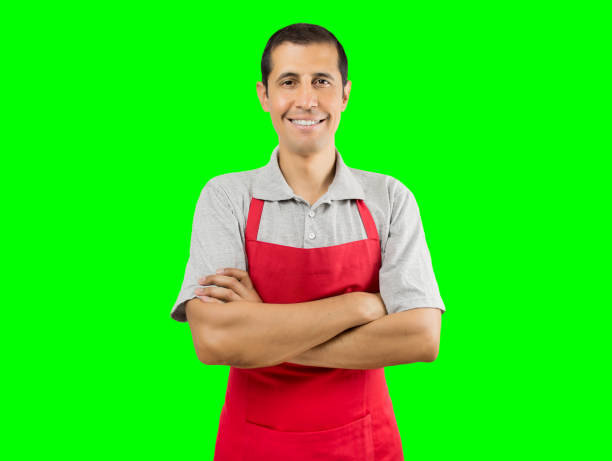 shopman smiling with chrome key