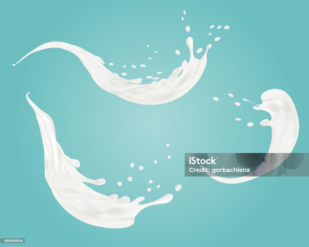 set of milk splashes vector isolated over blue background. pouring white liquid or dairy products. Cream, yogurt fall with drops and blots. 3d illustration. Milk stock vector