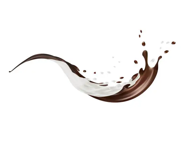 Vector illustration of Milk and chocolate splashes vector isolated over white background. pouring liquid or milkshake falling with drops and blots. 3d illustration.