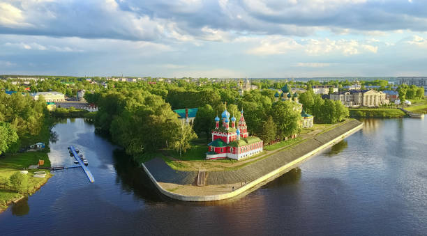 The Uglich Kremlin - aerial view The Uglich Kremlin is a historical and architectural complex in the historic center of Uglich located on the right bank of the Volga river golden ring of russia photos stock pictures, royalty-free photos & images