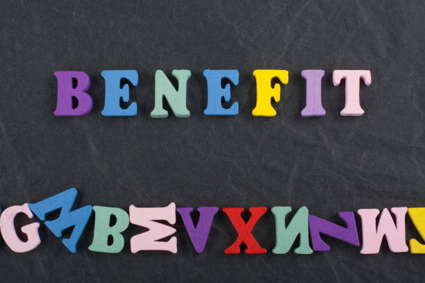 istock BENEFIT word on black board background composed from colorful abc alphabet block wooden letters, copy space for ad text. Learning english concept 695049128