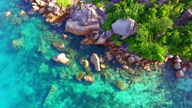 Aerial: coastline of Praslin Island, Seychelles