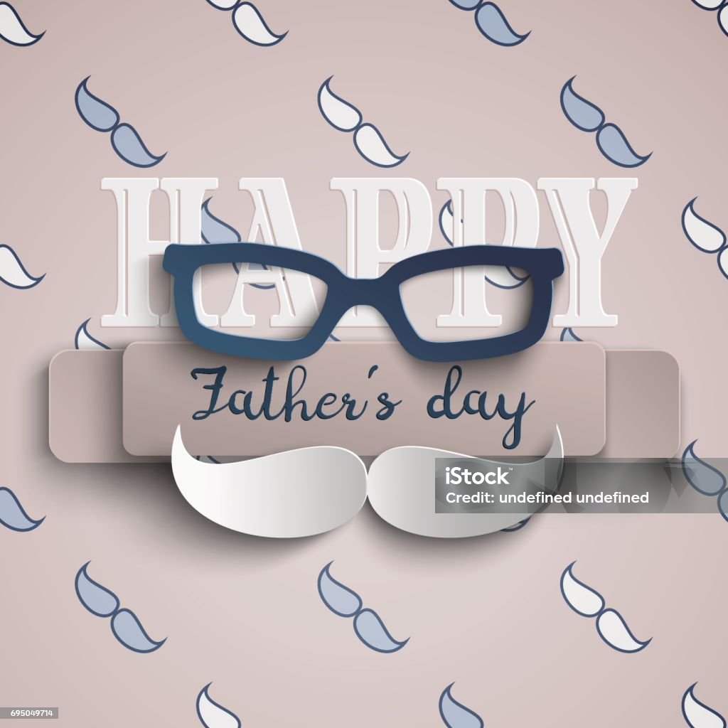 Happy Fathers Day greeting card design for men's event, banner or poster. Beige background with paper cut blue mustache and glasses. Congratulation text on beige ribbon Happy Fathers Day greeting card design for men's event, banner or poster. Beige background with paper cut blue mustache and glasses. Congratulation text on beige ribbon. Vector illustration Father's Day stock vector