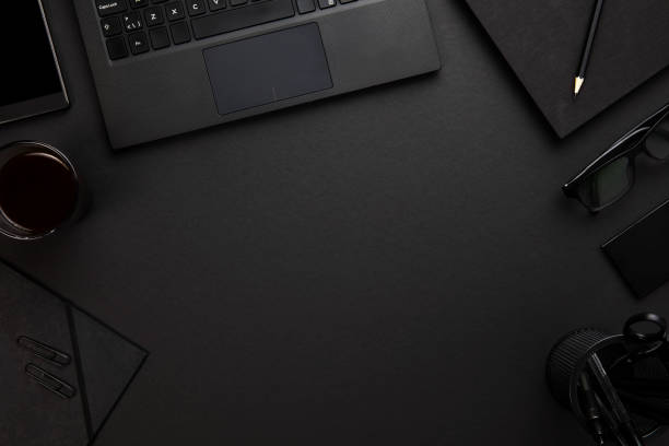 istock Laptop With Office Supplies At Gray Desk 695062434