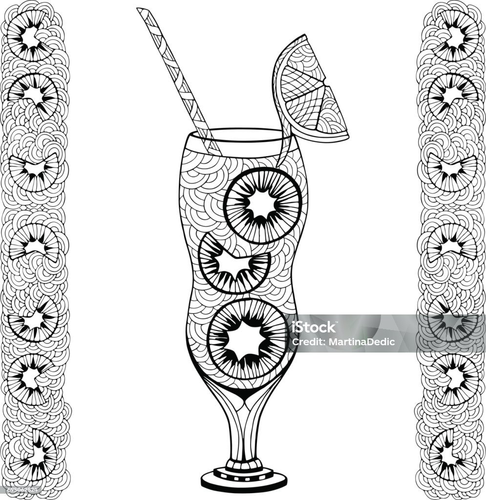 Kiwi Kiwi cocktail. Doodle  style. Hand drawn coloring book. Vector illustration. Coloring stock vector