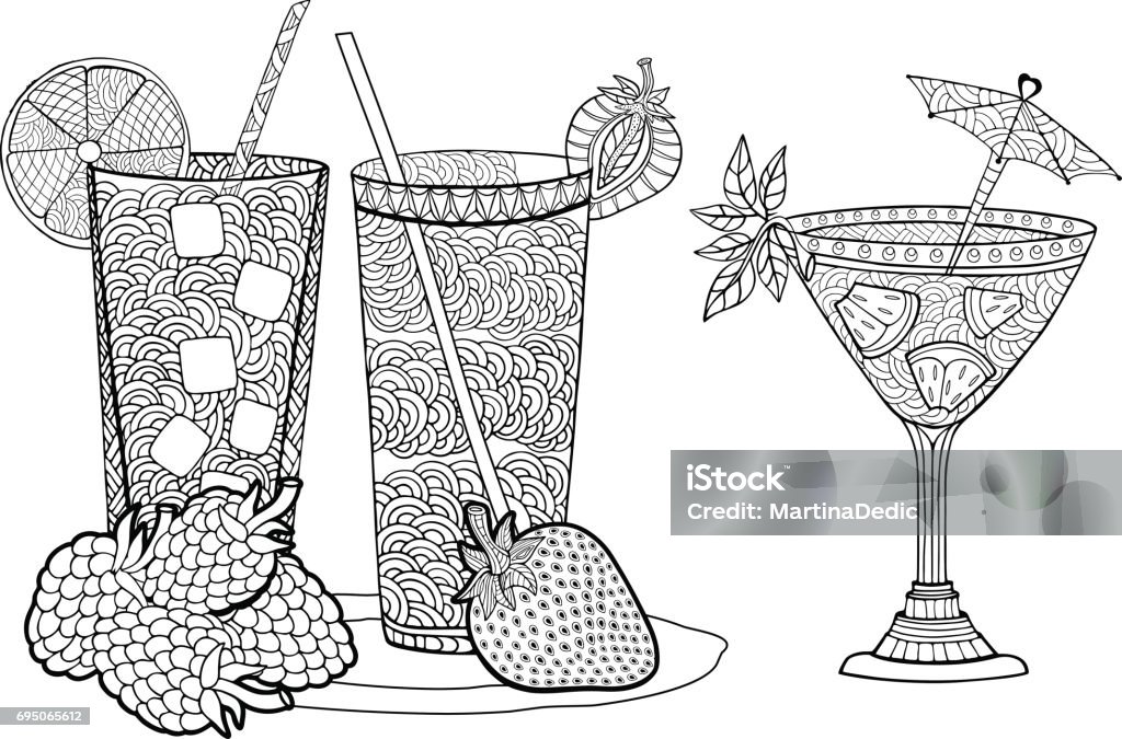 fruit drink Summer fruit cold cocktails. Doodle style. Hand drawn coloring book. Vector illustration. Cocktail stock vector