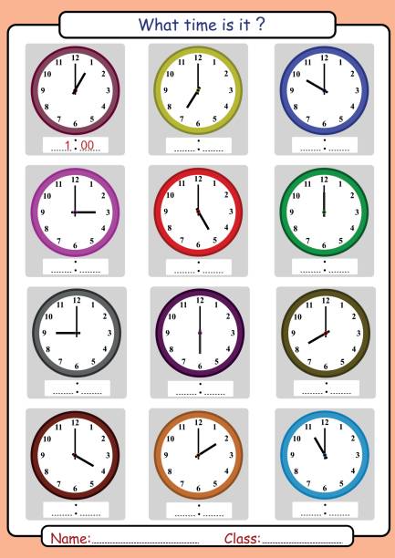ilustrações, clipart, desenhos animados e ícones de planilha de tempo contando, que horas são - minute hand number 8 clock number 7