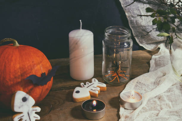 istock Halloween home decorations on dark background 695075602