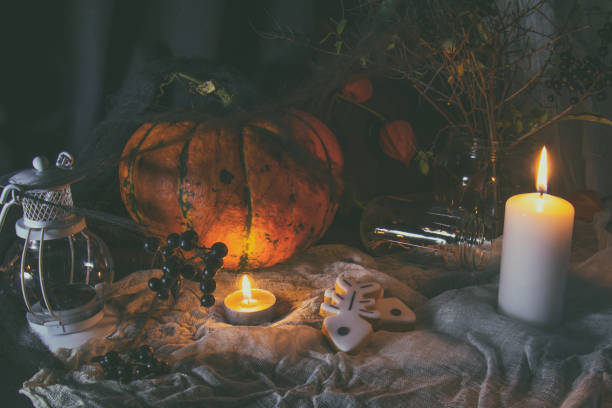 istock Halloween home decorations on dark background 695075640