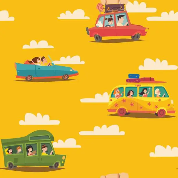 Vector illustration of Travel by car seamless vector pattern, cartoon style