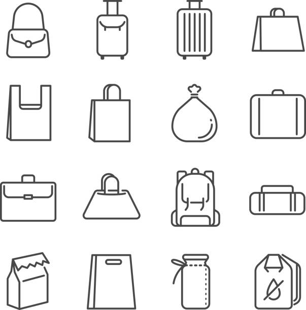 ilustraciones, imágenes clip art, dibujos animados e iconos de stock de conjunto de iconos de la línea de bolso. incluye los iconos como la bolsa de plástico, maleta, equipaje, equipaje y mucho más. - mochila bolsa