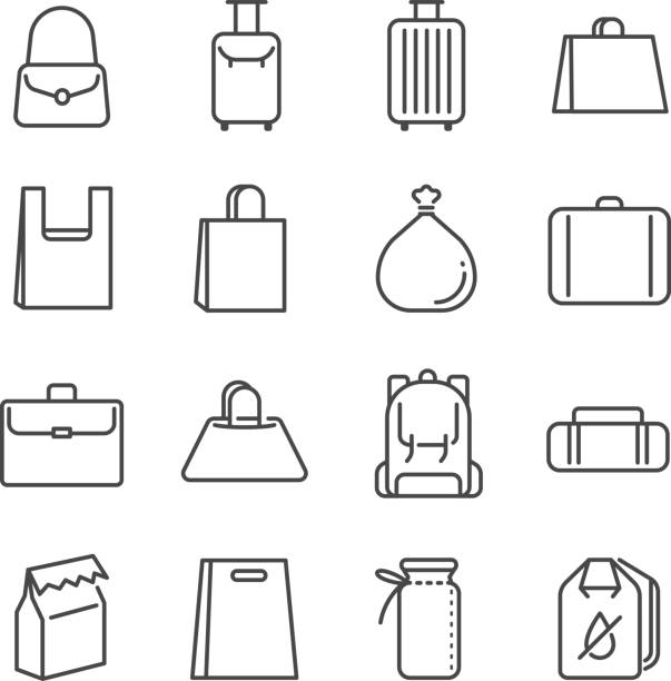 illustrations, cliparts, dessins animés et icônes de sac ligne jeu d’icônes. inclus les icônes dans le sachet en plastique, valise, bagage, bagages, etc.. - tote bag