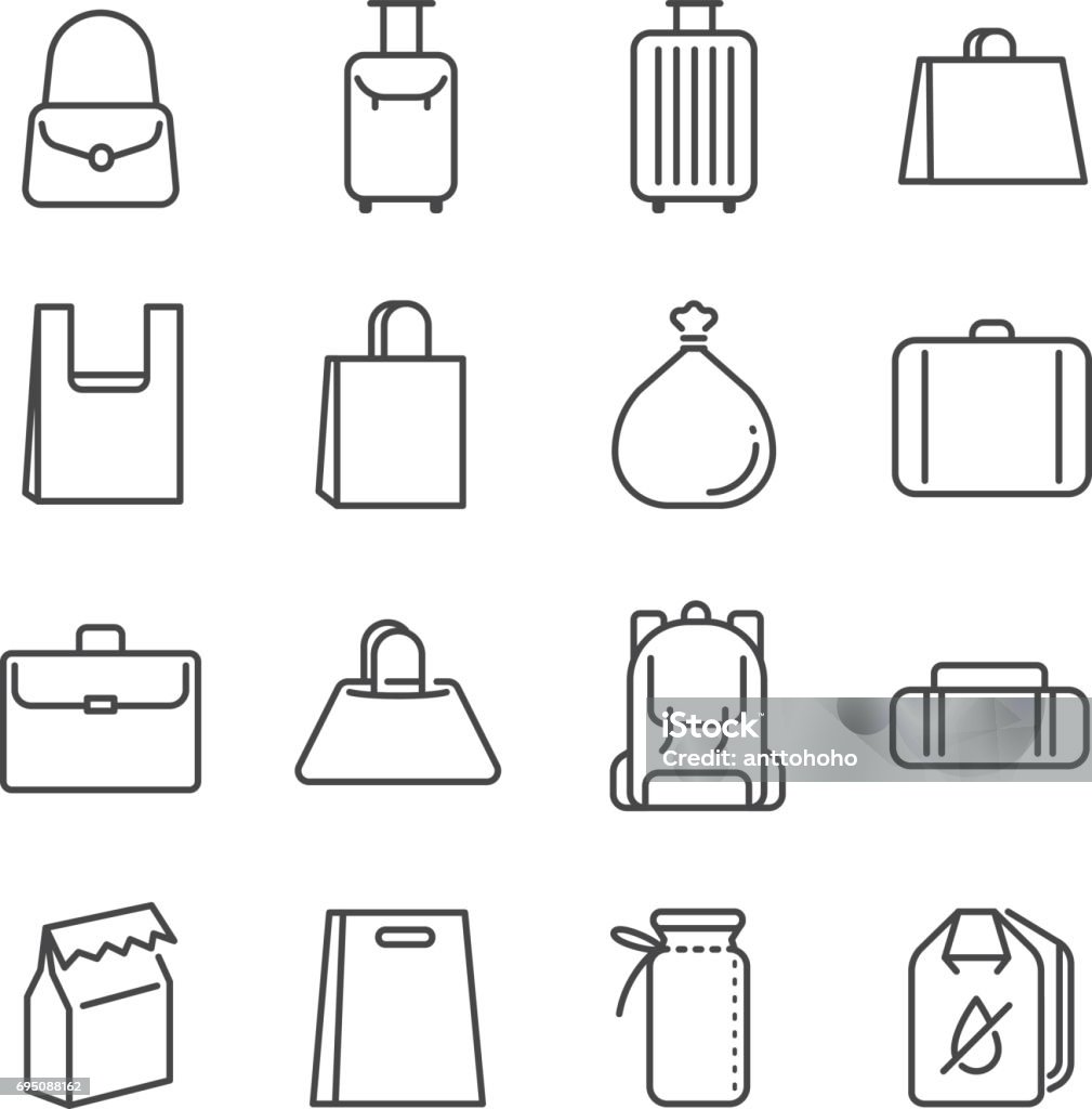 Bag line icon set. Included the icons as plastic bag, suitcase, baggage, luggage and more. Icon Symbol stock vector