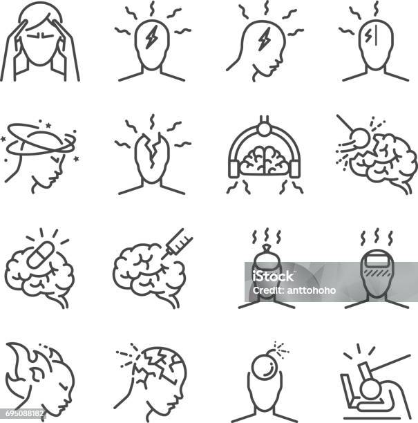 Headache Line Icon Set Included The Icons As Tension Headaches Cluster Headaches Migraine Brain Symptom And More Stock Illustration - Download Image Now