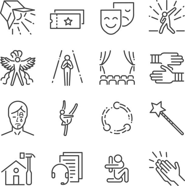 Performance line icon set. Included the icons as mask, mime, stage, concert and more. Performance line icon set. Included the icons as mask, mime, stage, concert and more. stage theater stock illustrations