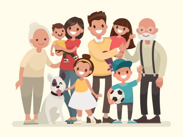 ilustraciones, imágenes clip art, dibujos animados e iconos de stock de familia feliz. padre, madre, abuelo, abuela, niños y mascotas - familia feliz