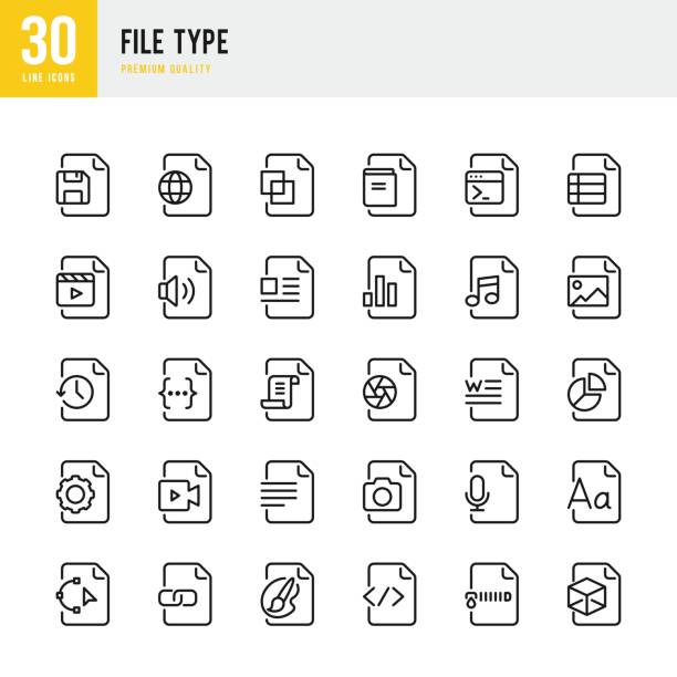 ilustrações, clipart, desenhos animados e ícones de tipo de arquivo - conjunto de ícones do vetor linha fina - pdf symbol document icon set