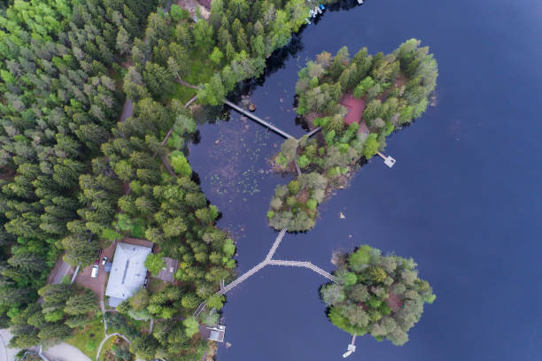 istock Aerial view on white bridges over water to the islets 695094078