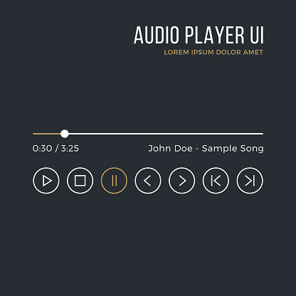 Audio player interface. Timeline, buttons, icons, artist name, song title. Media player ui, white, gold gui isolated on black background. Thin line design. Minimalistic dark theme. Vector illustration