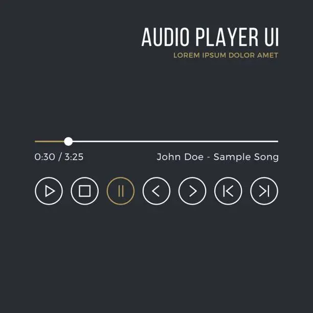 Vector illustration of Audio player interface. Timeline, buttons, icons, artist name, song title. Media player ui, white and gold gui. Thin line design. Minimalistic dark theme. Vector illustration