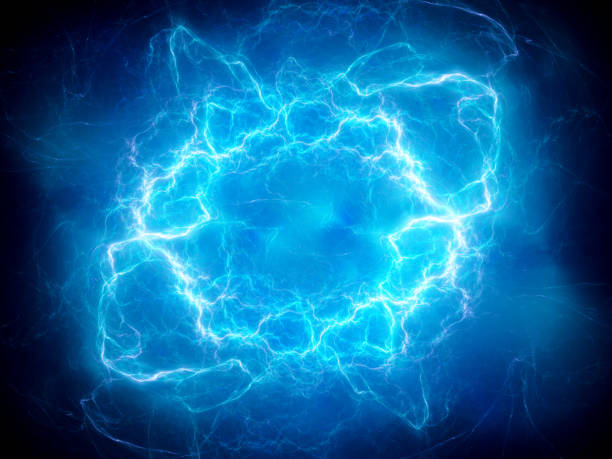 blue glowing plasma lightning - blue plasma imagens e fotografias de stock