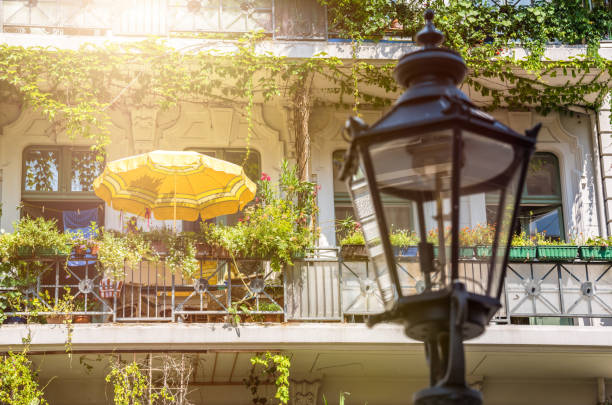 3D rendering, pavilions, beach chairs, green plants, etc. in the open-air courtyard