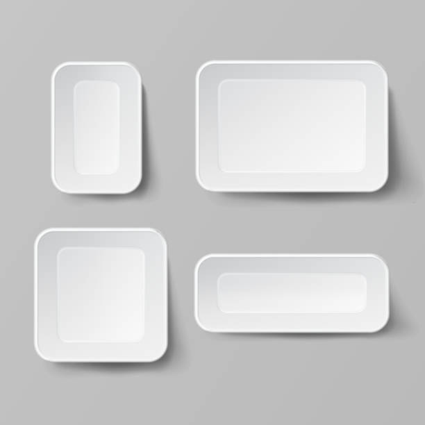 Realistic Food Container Set Vector. Empty Plastic Food Square Container. Good For Package Design. Empty Mock Up Vector Illustration Empty Blank Styrofoam Plastic Food Tray Container. White Empty Mock Up. Good For Package Design black meat tray stock illustrations