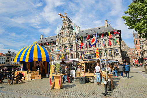 Antwerp, Belgium, Antwerp City Hall and unidentified people at the Grote Markt or Great Market Square.